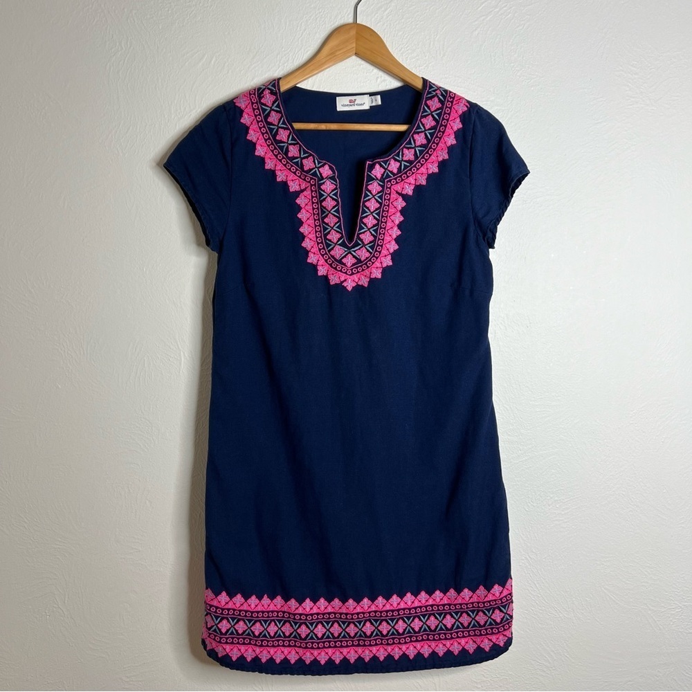 Vineyard Vines Navy Embroidered Dress Pink Geometric Cotton Linen Blend Size 4